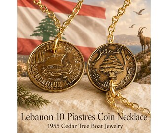 Handmade Lebanon 10 Piastres Coin Pendant Necklace, 1955 Cedar Tree Boat Jewelry