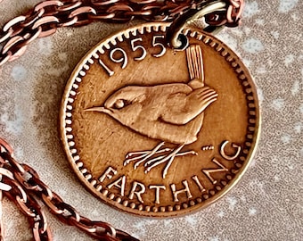 British Farthing Coin Pendant UK Wren Personal Necklace Old Vintage Handmade Jewelry Gift Friend Charm For Him Her World Coin Collector