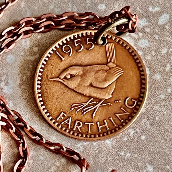 British Farthing Coin Pendant UK Wren Personal Necklace Old Vintage Handmade Jewelry Gift Friend Charm For Him Her World Coin Collector