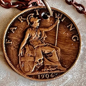 British Farthing Coin Pendant UK United Kingdom Personal Necklace Handmade Jewelry Gift Friend Charm For Him Her World Coin Collector