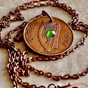 Ireland Coin Pendant 2 Pence Irish Harp Coin Necklace Rhinestone Gift For Friend Coin Charm Gift For Him, Her, Coin Collector, World Coins