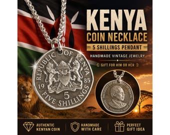 Kenya 5 Shillings Coin Charm Pendant Necklace, Kenyan Crest Jewelry, Handmade Vintage Gift for Him Her, World Coin Collector