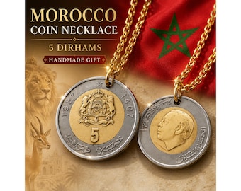 Morocco 5 Dirhams Coin Necklace Charm Bi-Metallic Moroccan Pendant Handmade Vintage Jewelry Gift For Him Her Collector