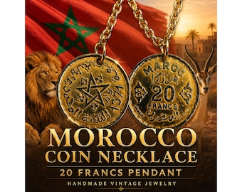 Morocco 20 Francs Coin Charm Pendant Necklace, Moroccan Star Jewelry, Handmade Vintage North African Heritage Gift