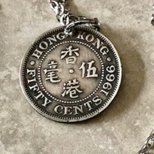 Hong Kong Coin Necklace 50 Cents Pendant China Personal Necklace Handmade Jewelry Gift Friend Charm Him Her Coin Collector Feng Shui