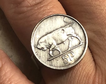 Ireland Coin Ring Irish 5 Pence Bull Vintage Adjustable Custom Made Rare Coins Coin Enthusiast  Handmade