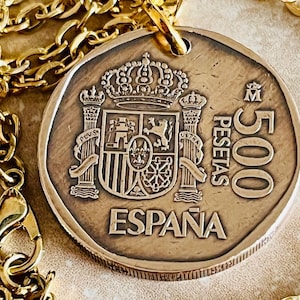 Spain Coin Necklace Spanish 500 Pesetas Espana Personal Old Vintage Handmade Jewelry Gift Friend Charm For Him Her World Coin Collector