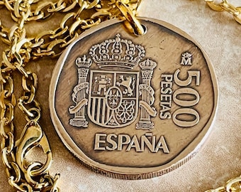 Spain Coin Necklace Spanish 500 Pesetas Espana Personal Old Vintage Handmade Jewelry Gift Friend Charm For Him Her World Coin Collector