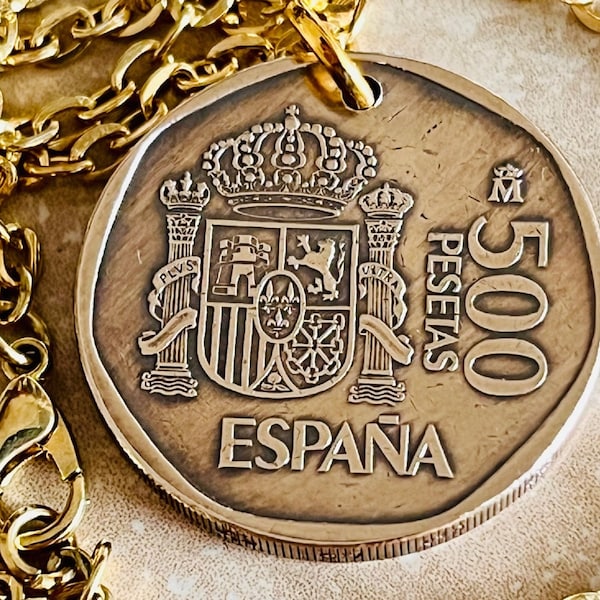 Spain Coin Necklace Spanish 500 Pesetas Espana Personal Old Vintage Handmade Jewelry Gift Friend Charm For Him Her World Coin Collector