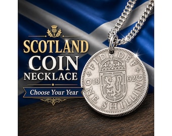 Collana con moneta scozzese da uno scellino, ciondolo personalizzato con l'anno, autentico gioiello con moneta scozzese, regalo per lei e per lui