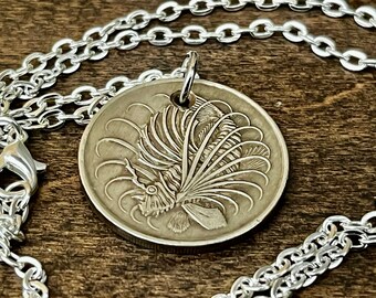Singapore Hong Kong Coin Pendant • 50 Cent Necklace • Personal Old Vintage Handmade Jewelry • Unique Gift for Friend • Coin Charm