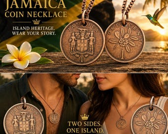 Jamaica 1 Cent Coin Charm Pendant Necklace, Jamaican Coat of Arms