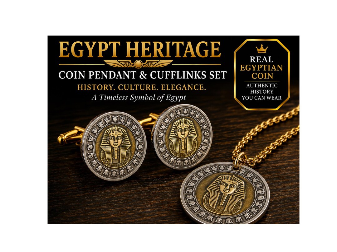 Egypt Coin Cufflinks Pendant Set Bi Metal Pharaoh Design One Pound ...