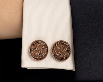 Gemelli da un centesimo di Terranova / Gioielli con monete d'epoca canadesi / Regalo NFLD fatto a mano per lui / Souvenir da collezione personalizzato