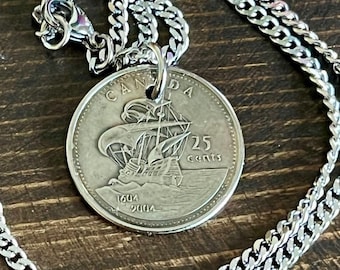 First Settlement in Canada Pendant – 2004  25 Cents Quarter Necklace – Vintage Canadian Coin Jewelry – Handmade Gift for Him or Her