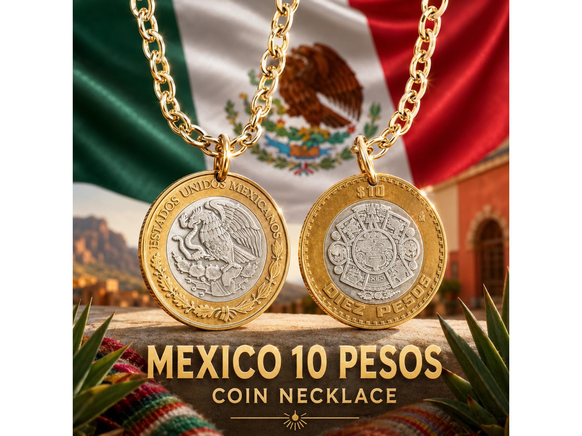 Mexico 10 Pesos Coin Pendant Necklace Charm, Aztec Sun Stone  display picture 2