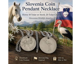 Slovenia Coin Pendant Necklace, Horse 10 Tolar or Stork 20 Tolar Charm, Slovenian Wildlife Jewelry