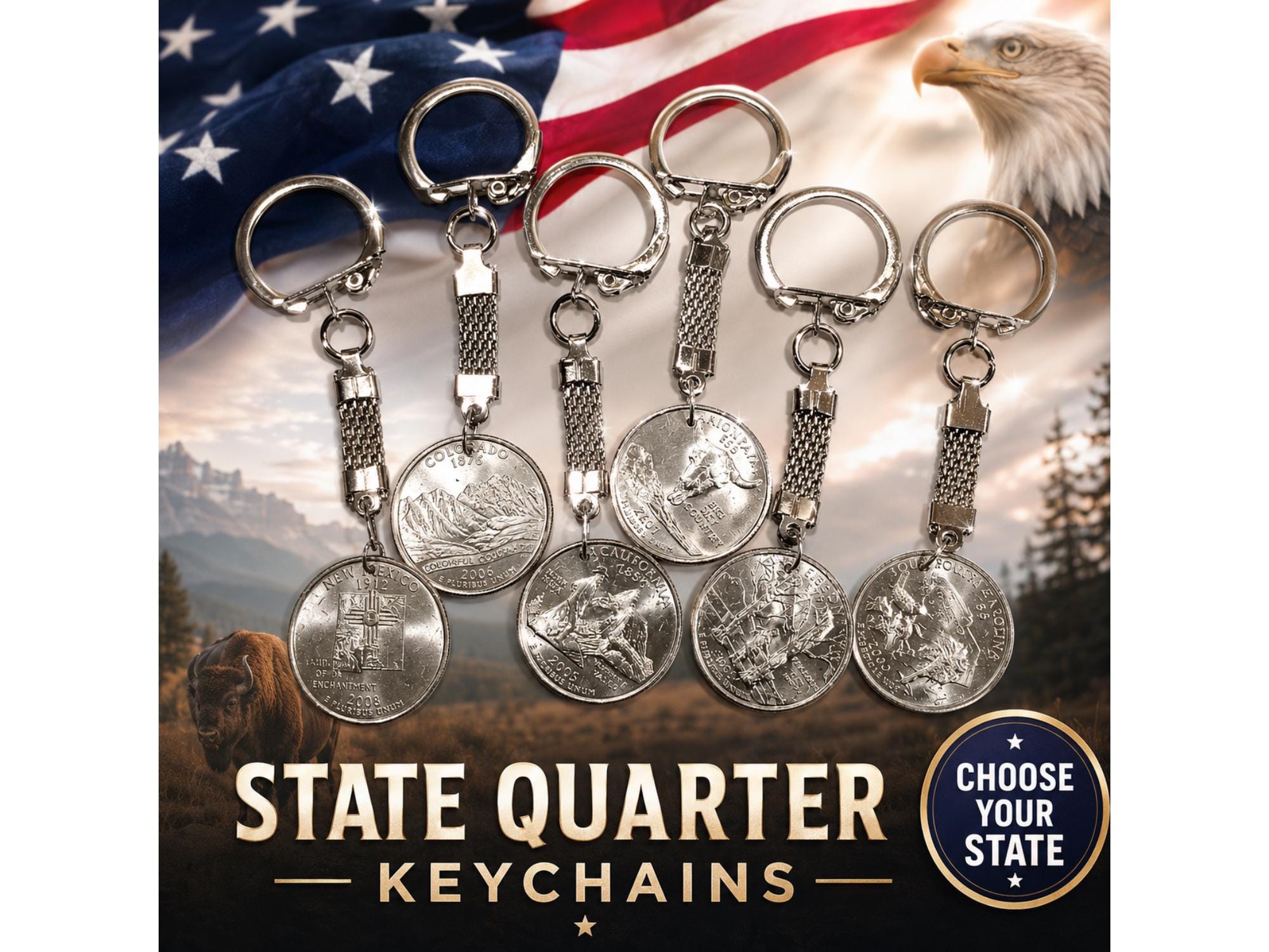 Handmade State Quarter Keychain, Choose Your State, Genuine