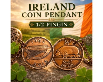 Collana con ciondolo a forma di moneta irlandese da mezzo penny, gioiello con scrofa e maialini e arpa, regalo ispirato al patrimonio irlandese per lui e per lei