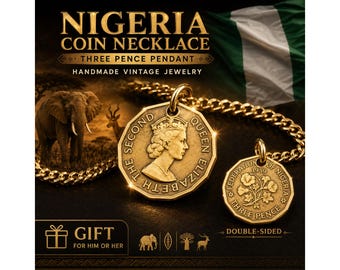Nigeria Three Pence Coin Pendant Charm, Queen Elizabeth II Necklace, Handmade West African Heritage Jewelry Gift