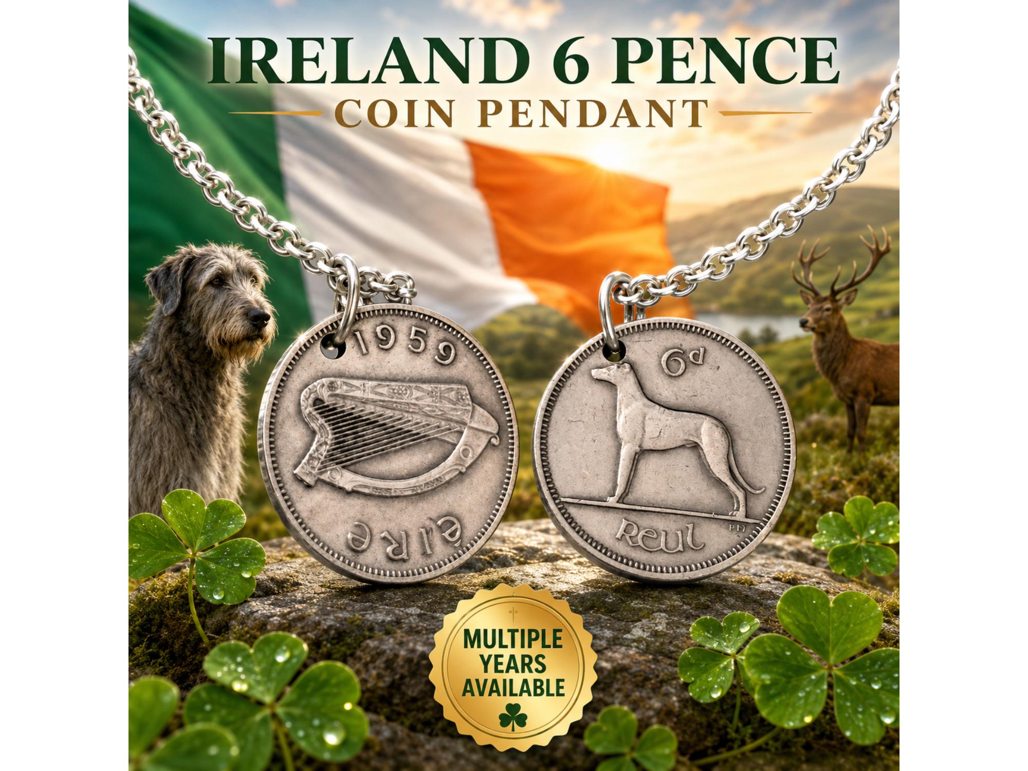 Handmade Ireland 6 Pence Coin Pendant Necklace, Wolfhound Harp