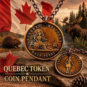 May include: A copper-toned coin pendant featuring a Quebec Bank Token half penny design with a seated figure, and a second smaller coin pendant inscribed with Province du Canada and Un Sou, both suspended from a matching copper-coloured metal chain.