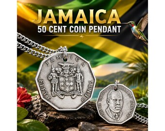 Jamaica 50 Cents Coin Charm, Marcus Garvey Pendant Necklace, Jamaican Heritage Jewelry, Caribbean Gift Personal Keepsake