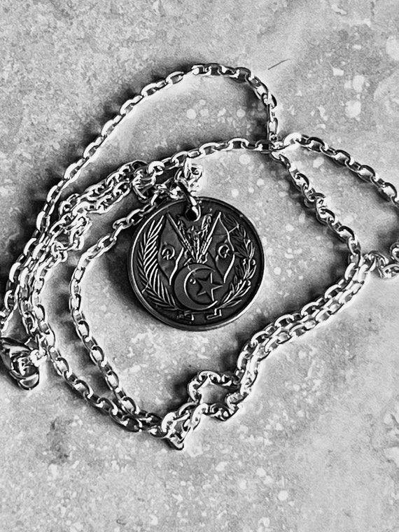 Algeria 5 Centimes Coin Necklace Charm Algerian Pendant Vintage