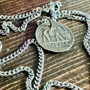 Ancient Roman Elephant Coin Pendant – Julius Caesar Necklace – Imperator Dictator Gift – Antique History Jewelry for Him Her REPLICA