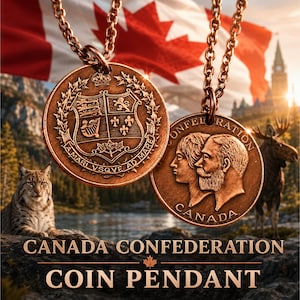 Puede incluir: Dos colgantes de moneda en tono cobre con cadenas. Una moneda presenta un escudo con una corona y el texto latino A MARI VSQVE AD MARE. La otra muestra dos perfiles y el texto CONFEDERATION CANADA. Debajo aparece CANADA CONFEDERATION COIN PENDANT.