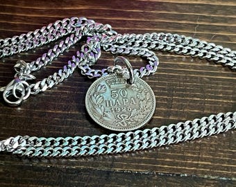 Collana con ciondolo a forma di moneta jugoslava da 50 Para, gioiello vintage con moneta balcanica, ciondolo serbo, regalo per lui e per lei, da collezionista.