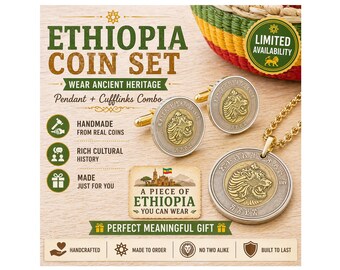 Set di gemelli con ciondolo a moneta etiope, gioielli Birr, leone, Giuda, bilancia, patrimonio africano, regalo, accessori da uomo, dichiarazione di stile