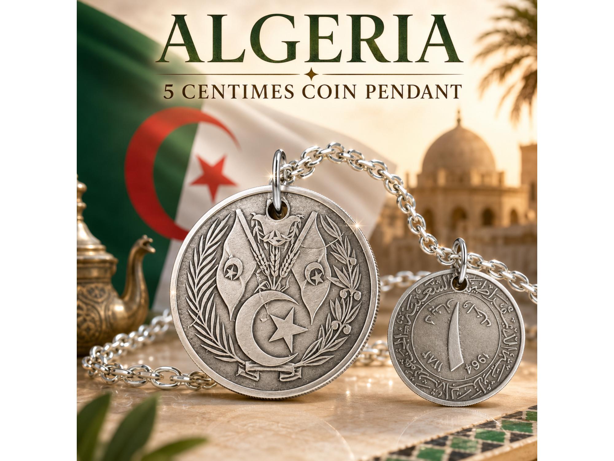 Algeria 5 Centimes Coin Necklace Charm Algerian Pendant Vintage