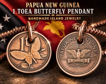 Colar com pingente de borboleta feito à mão com moeda de 1 Toea da Papua Nova Guiné, presente ideal para colecionadores de joias com moedas do mundo todo.