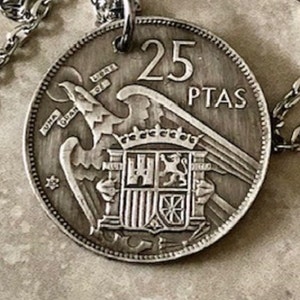 Spain Coin Pendant Spanish 25 Pesetas 1957 Necklace Handmade Jewelry Gift For Friend Coin Charm Gift For Him, Her, World Coins Collector