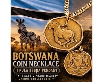 Ciondolo con moneta da 1 Pula del Botswana, collana con zebra, gioielli con fauna africana, regalo vintage fatto a mano con moneta per lui e per lei