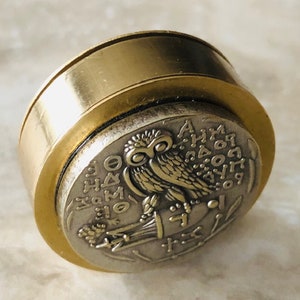 Ancient Greek Owl Pillbox Replica Coin Keepsake Box Wisdom Snuff Stash Box Tiny Treasure Gift Athena Symbol Prudence Jewelry Groomsman Gift