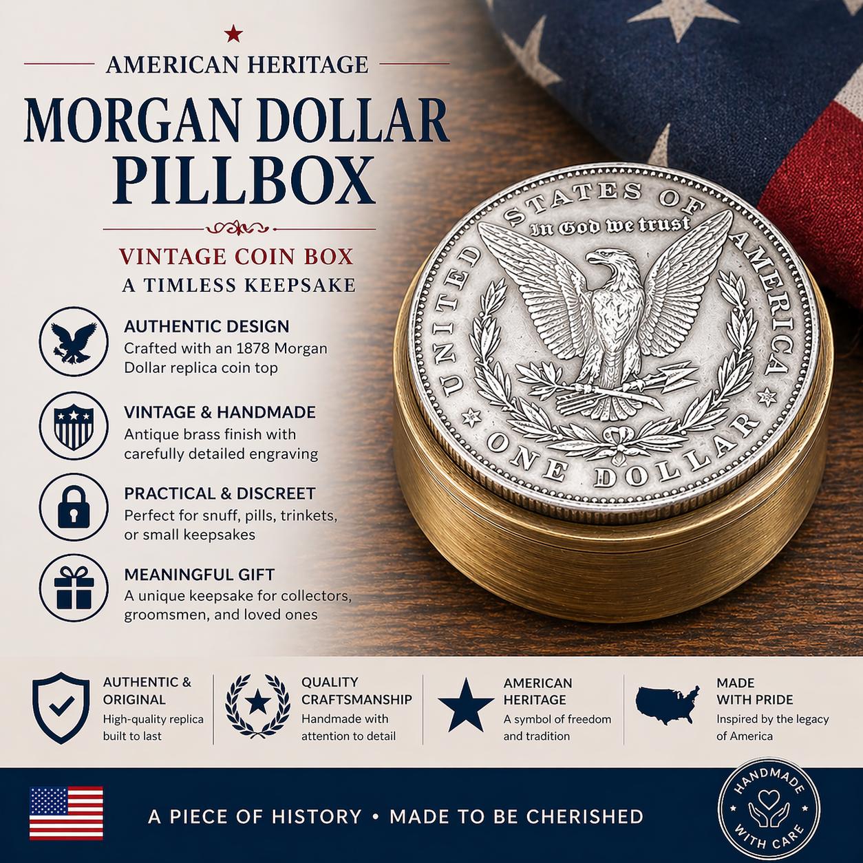 Morgan Dollar Pill Box 1878 Replica Coin Brass Stash Box Vintage