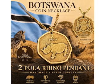 Botswana 2 Pula Coin Pendant Necklace, Rhino Coin Charm, African Wildlife Jewelry, Handmade Vintage Gift for Him Her