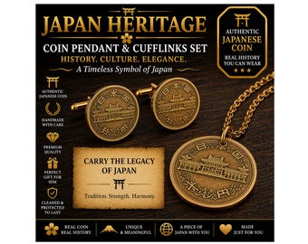 Set di gemelli con ciondolo a forma di moneta giapponese da 10 yen, gioielli ispirati ai templi giapponesi, regalo culturale, accessori vintage in rame, souvenir di viaggio.