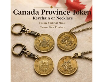 Canada Province Token Keychain or Necklace, Vintage Shell Oil Medal, Provincial Flower Charm, Canadian Heritage Gift