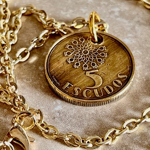 Portugal Coin Necklace Portuguese 5 Escudos Pendant Personal Vintage Handmade Jewelry Gift Friend Charm For Him Her World Coin Collector