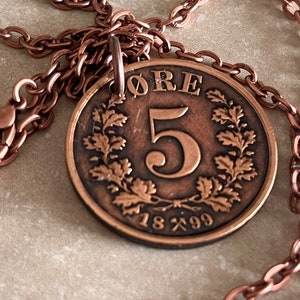 Norway Coin Pendant 5 Ore Crown Personal Necklace Old Vintage Handmade Jewelry Gift Friend Charm For Him Her World Coin Collector
