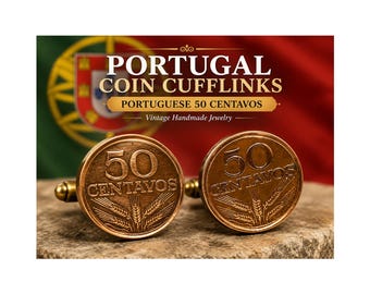May include: A pair of cufflinks featuring Portuguese 50 centavo coins. The coins are bronze-colored with the number "50" and the word "CENTAVOS" displayed. The background includes the Portuguese flag and text that reads "PORTUGAL COIN CUFFLINKS".