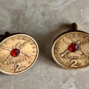 Greek Coin Cufflinks Greece 2 Drachmai Rhinestone Jewelry Charm Gift For Friend Cufflinks Charm Gift For Him, Her, World Coins Collector