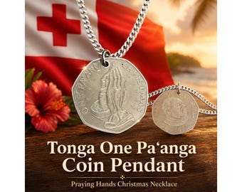 Tonga Coin Pendant Necklace, One Paʻanga Praying Hands Christmas Coin, Tongan Heritage Faith Jewelry Gift