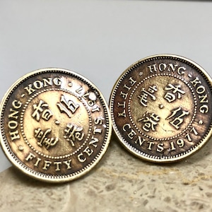 Hong Kong Coin Cuff Links China 50 Cents Jewelry Cufflinks Coin Charm Gift For Friend Charm Gift For Him, Her, Coin Collector, Feng Shui