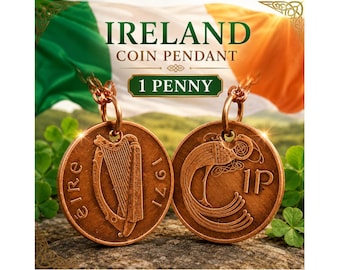 Irish 1 Penny Coin Charm Pendant Necklace, Ireland Harp Bird Jewelry, Handmade Irish Heritage Gift for Him Her