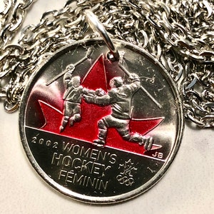 Canadian Quarter Coin Necklace Woman&#39;s Hockey Canada 2002  25 Cents Custom Made Vintage and Rare coins - Coin Enthusiast - Fashion Jewelry