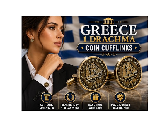本物のギリシャ1ドラクマ硬貨カフスボタン：帆船デザイン